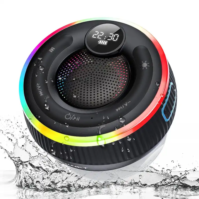 TECKNET Bluetooth Shower Speaker, IPX7 Waterproof Portable Wireless Speaker with RGB Light, BT 5.3, 10H Playtime, Built-in Mic, Suction Cup & TWS HD Stereo for Bath Beach Travel - Gift Ideas (Black)