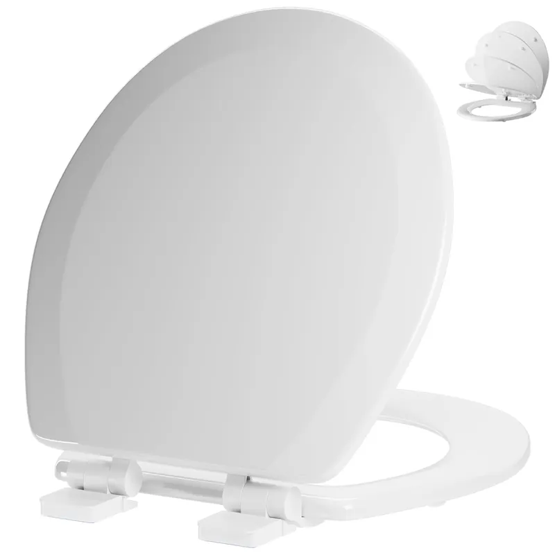 Round Toilet Seat Angol Shiold Quiet-Close Molded Wood Toilet Seat with Non-Slip Adjustable Hinges, Anti-Pinch Bumpers, Easy Install & Clean(White, Round 16.5‘‘)