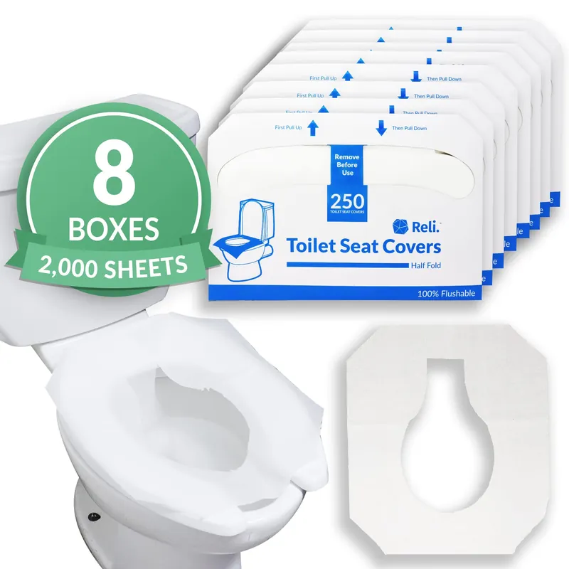Reli. Toilet Seat Covers (2000 Pcs, 8 Packs of 250) Disposable Toilet Seat Cover - Flushable - 14x16" (Half-Fold) Paper Liners for Restroom, Bathroom, Travel, Camping, Kids Potty Training