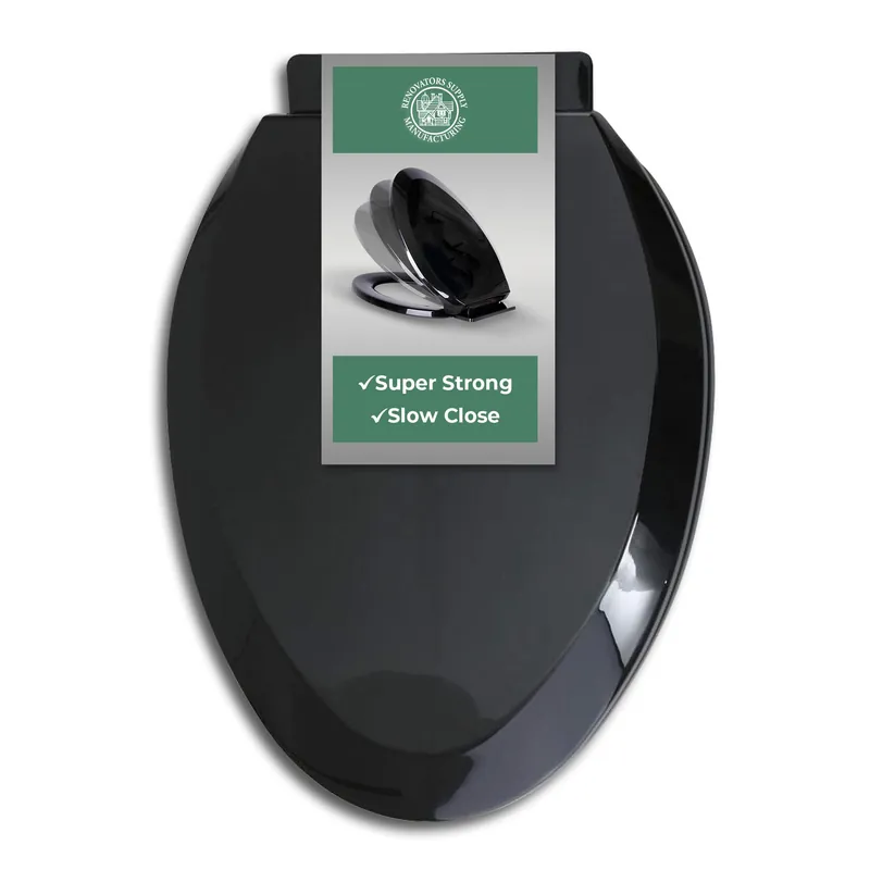 Renovators Supply Manufacturing Plastic Soft Close Toilet Seat Elongated Quiet-Close Lid, Contoured Seat, Easy to Install and Clean, Grip-Tight Bumpers with Adjustable Mounting Hardware, Black