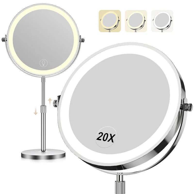 Makeup Mirror with Lights, 1x/20x 360ยฐ Rotation Vanity Mirror, Brightness Adjustable Lighted Makeup Mirror with Magnification, 5000 mAh Rechargeable Double Sided Mirror with 3 Colors, Gift for Women