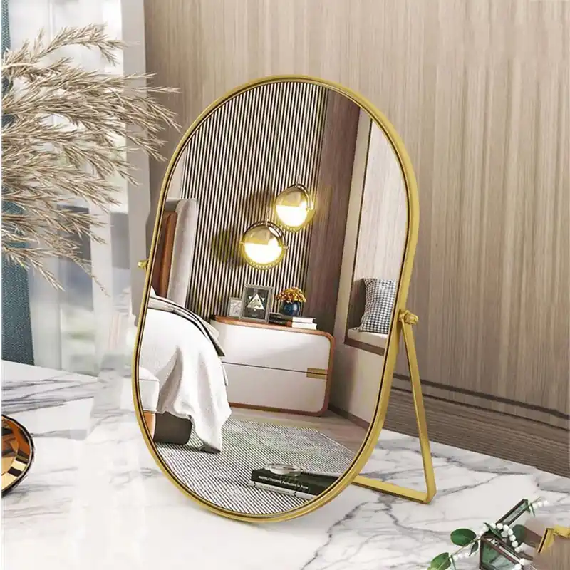 Numjeg Vanity Desk Table Mirror Oval Makeup Mirror 90°Adjustable Rotation Golden Metal Framed Standing Mirrors Room Decor for Living Room,Bedroom,Tabletop,Bathroom
