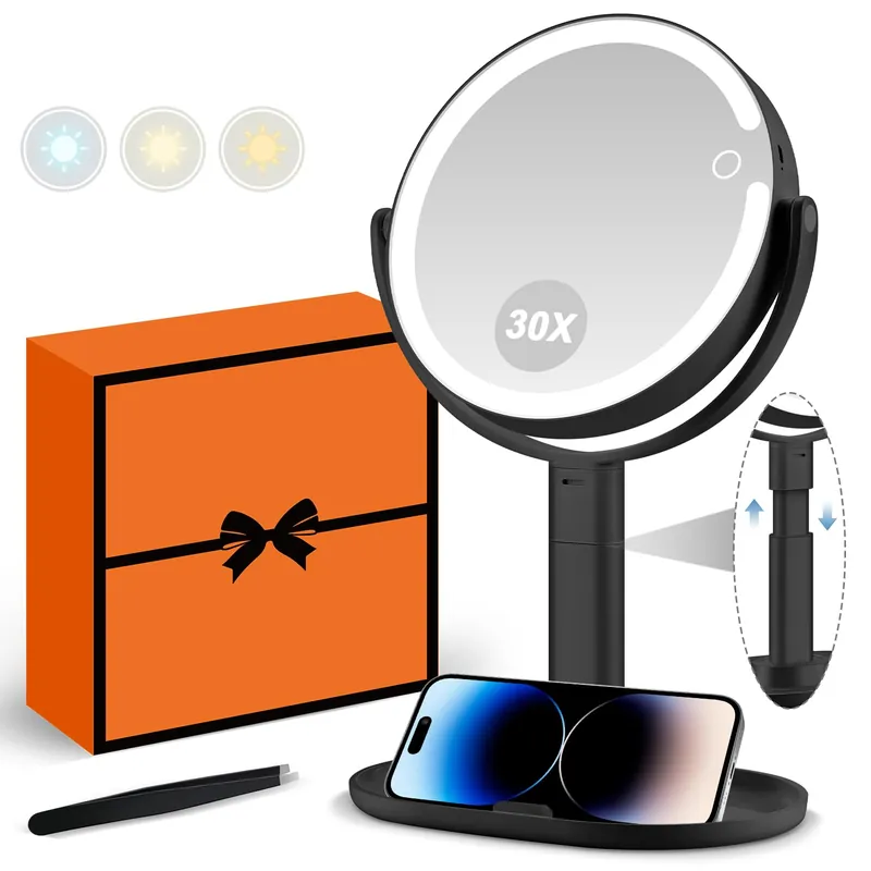 MIYADIVA Makeup Mirror with Lights, 30X Magnifying Mirror with Light and Touch Switch, Vanity Mirror with 3 Color Light and 80 LEDs, Height Adjustable Desk Mirror with Lights, Black