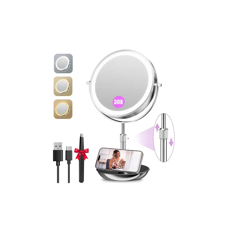 Auxmir 9" Large Lighted Makeup Mirror with Magnification, 1X/30X Double Sided Magnifying Mirror with Adjustable Height, Rechargeable Vanity Mirror with 3 Color Dimmable Lights, 360ยฐ Rotation
