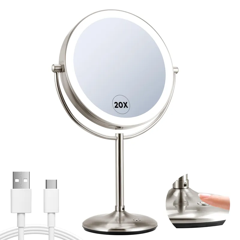 VORREMIRR 9" Lighted Makeup Mirror, 1X/20X Rechargeable Magnifying Mirror with 3 Color Dimmable Lights for Bedroom Tabletop, Base Charging and Switch, Women Gift