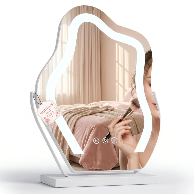 Odernirror Makeup Mirror with Lights - 17″ Cloud Shaped Smart Touch 3-Color Dimmable 360° Rotation Memory Metal Frame Plug-in AC Power Tabletop Vanity Mirror Gift for Women Teen Girls White