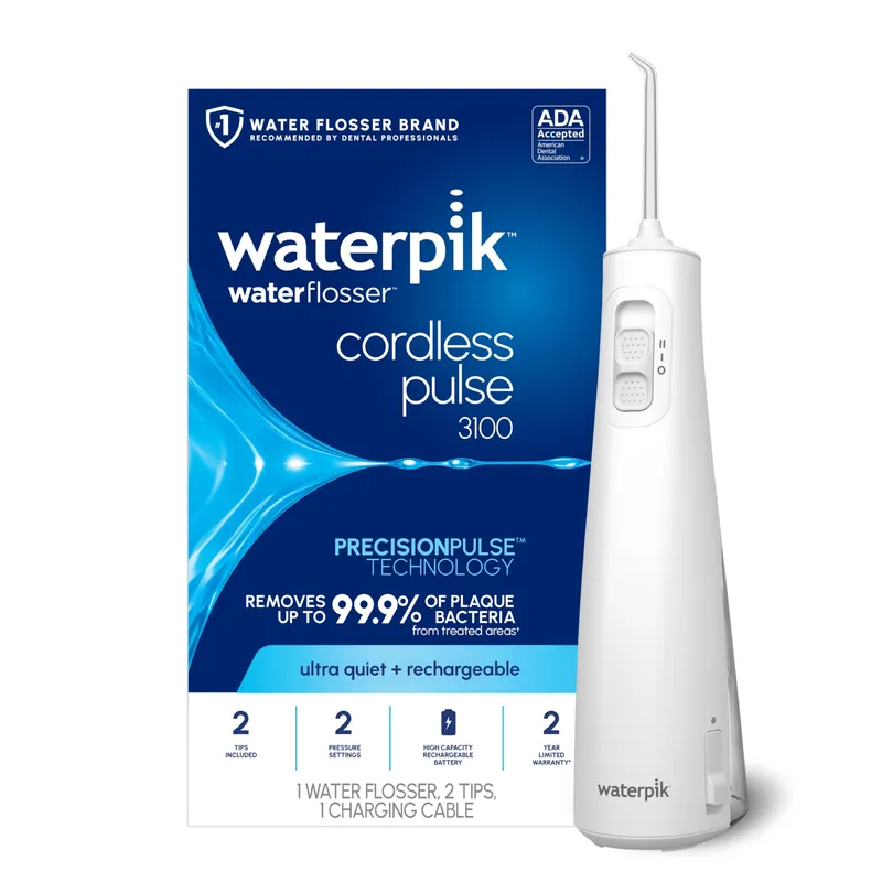 Waterpik Cordless Pulse 3100 Rechargeable Portable Water Flosser for Teeth, Gums, Braces Care and Travel with 2 Flossing Tips, Waterproof for Shower Use, ADA Accepted, WF-20 White, Amazon Exclusive