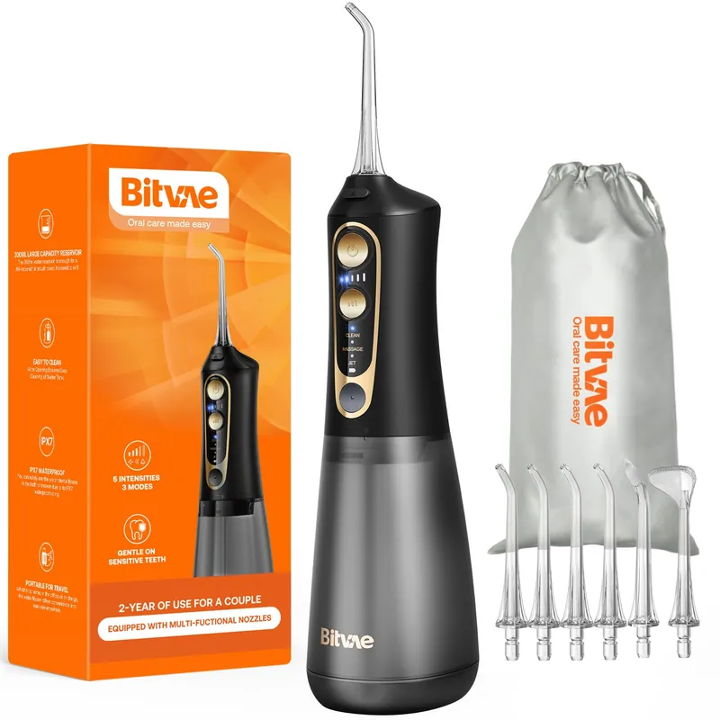 Bitvae C6 Water Dental Flosser for Teeth, Cordless Flosser for Travel with 6 Jet Tips, 3 Modes 5 intensities, IPX7 Waterproof Portable & Rechargeable Oral Irrigator Cleaner, Black
