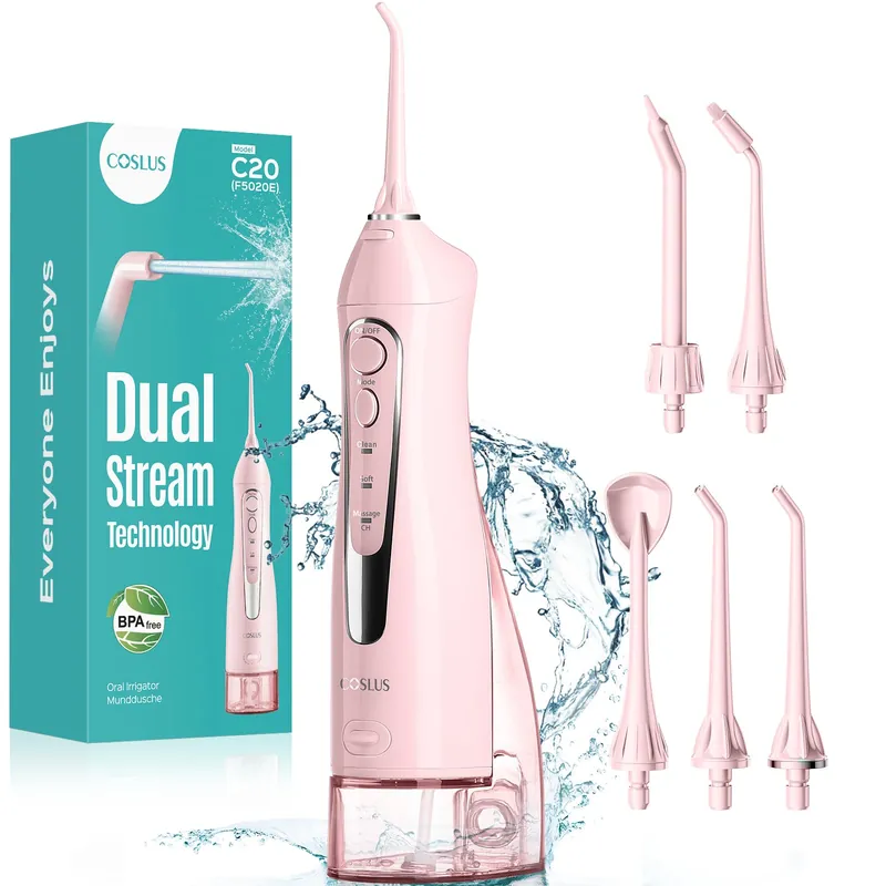 COSLUS Water Dental Flosser Teeth Pick C20 Portable Cordless Oral Irrigator 300ML Rechargeable Travel Irrigation Cleaner IPX7 Waterproof Electric Flossing Machine for Teeth Cleaning, Pink
