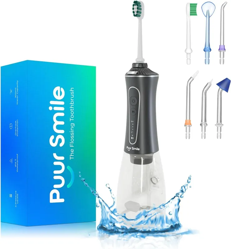 Puur Smile Professional Water Flosser - Advanced Dental Care for a Healthier Mouth, Gum, and Teeth - IPX7 Waterproof Oral Irrigator 6 Replacement Tips, Travel-Friendly, Rechargeable - Oral Hygiene