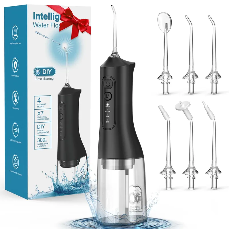 Water Flosser, Rechargeable 300ML Cordless Portable Oral Irrigator with 4 Modes & 6 Replaceable Jet Tips IPX7 Waterproof -Professional Flossing Cleaner for Daily Home Use,Travel,Gums,Braces Care-Black