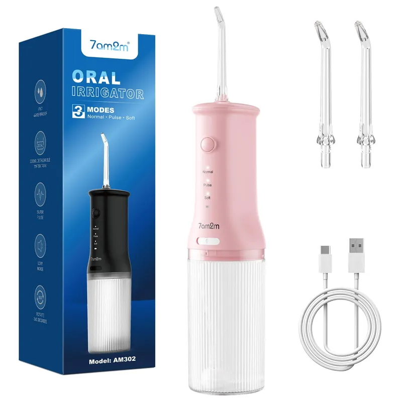 7AM2M Portable Cordless Water Flosser, Oral Irrigator with 3 Modes & 2 Tips, Fast Rechargeable, IPX7 Waterproof, Dental Water Flosser for Travel and Home Use (Pink)