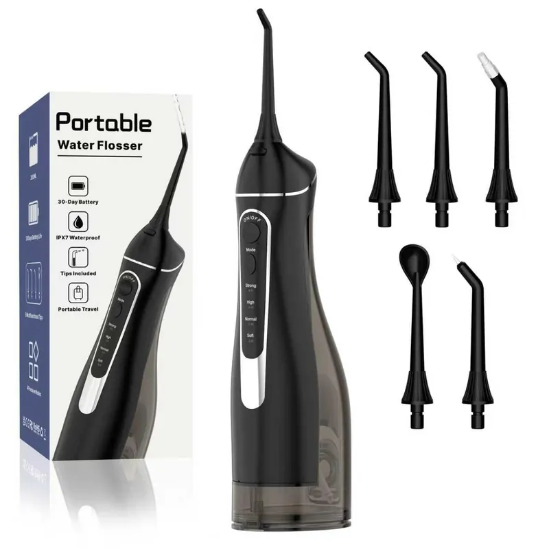 Cordless Portable Water Flosser with 300ML Tank Rechargeable Oral Irrigator with 5 Tips for Travel, Braces Care and Sensitive Gums, IPX7 Waterproof Teeth Cleaning Device(Black)