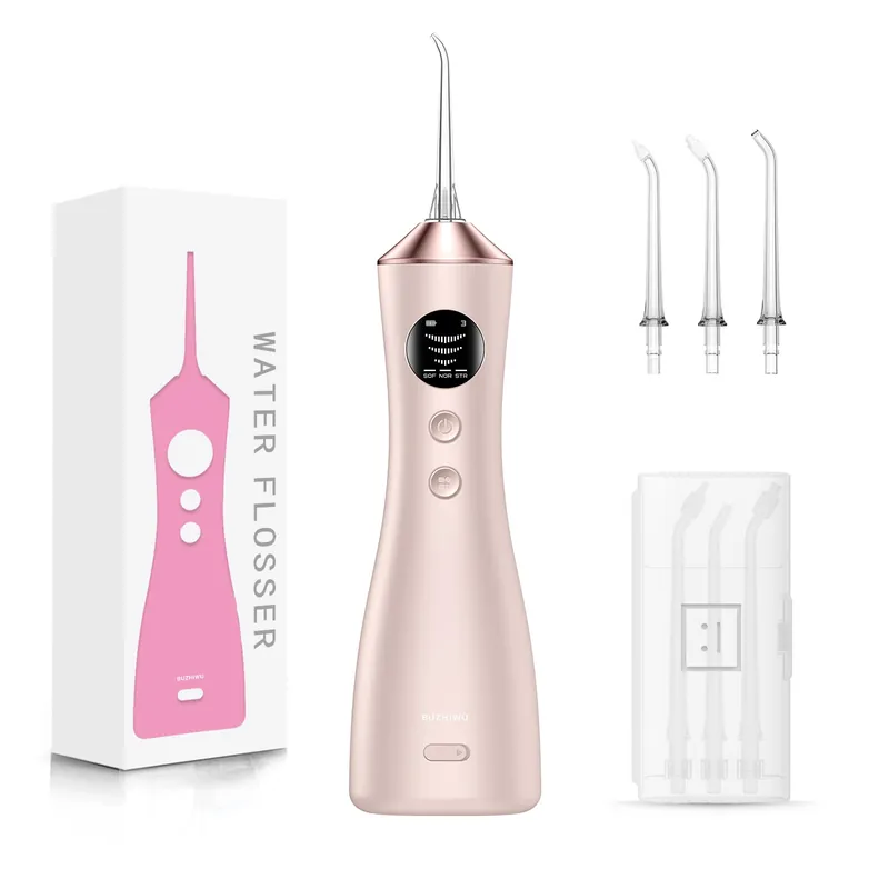 BUZHIWU Water Dental Flosser for Teeth, Portable Cordless Water Flosser with 300ML Rechargeable with Type-C, IPX7 Waterproof Water Flossers for Adults with 3 Intensity Modes and 3 Flossing Tips