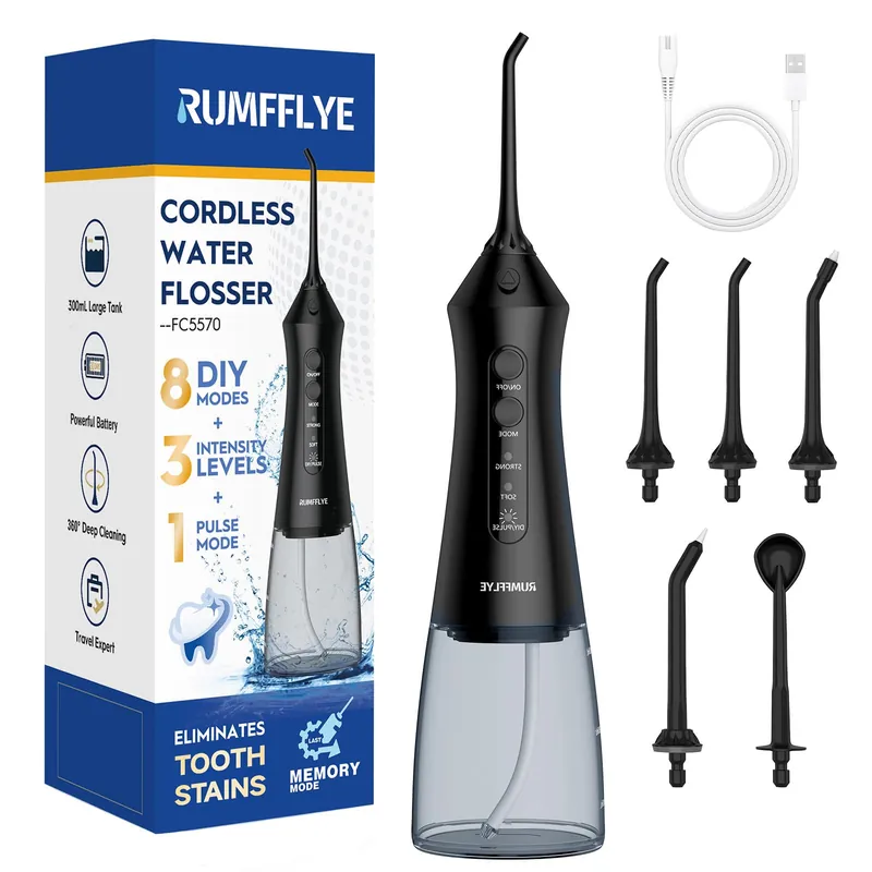 RUMFFLYE Water Dental Flosser Teeth Pick 300ML Portable Cordless Oral Irrigator for Teeth Cleaning with 4 Modes 5 Jet Tips 12 Pressure Settings USBCharger IPX7 Irrigation Cleaner for Home Travel Black