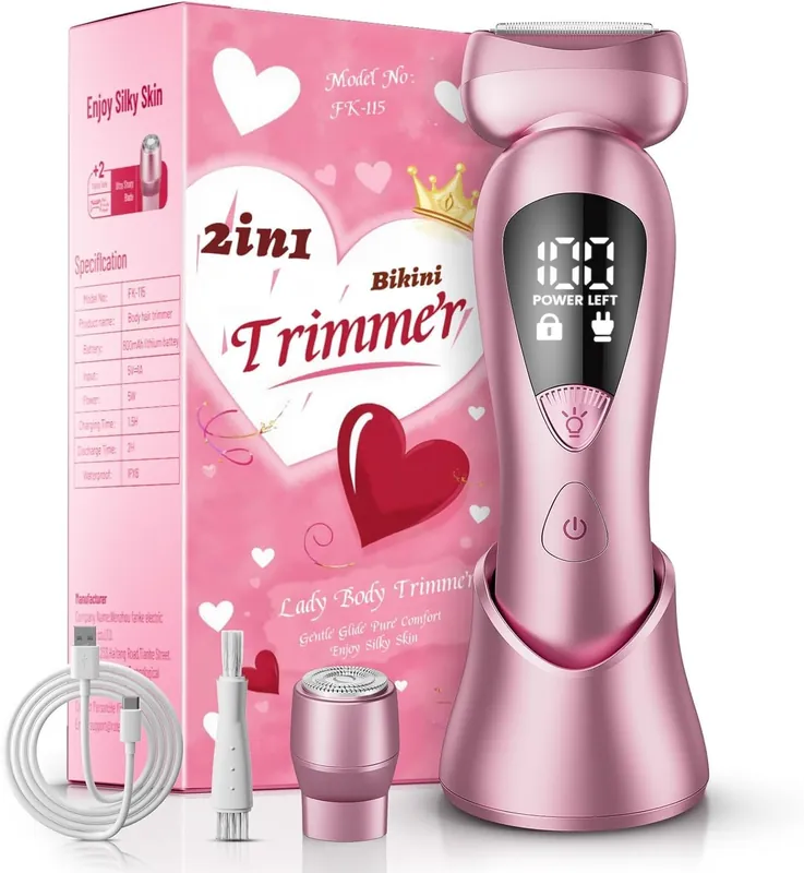 Cordless Electric Razors for Women Rechargeable Painless Bikini Trimmer for Body Hair - IPX7 Waterproof Shaver with LED Display for Face/Underarm/Leg Light Pink Upgraded