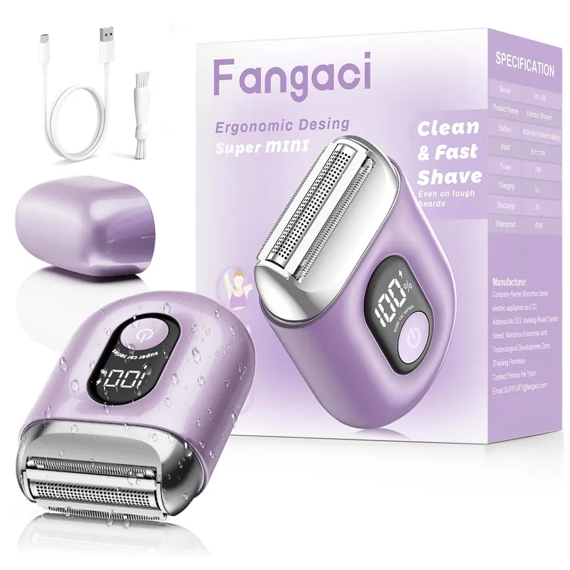 Fangaci Cordless Electric Razors for Women Mini Electric Shaver with Big LED Display - Rechargeable Bikini Trimmer - IPX7 Waterproof Wet Dry for Face, Body & Legs (Birght Purle)