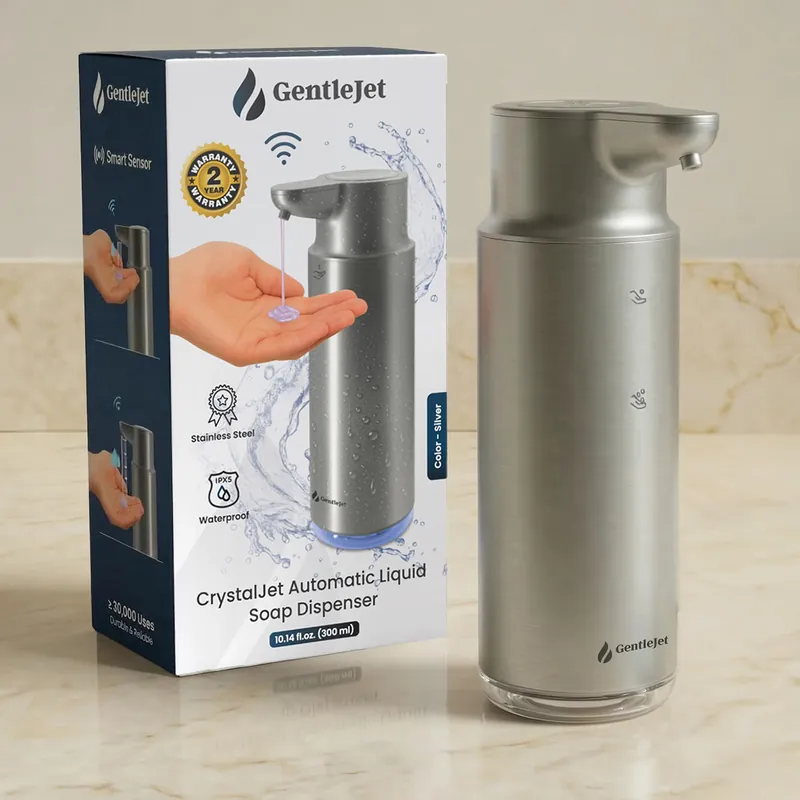 GentleJet CrystalJet Automatic Liquid Soap Dispenser – Touchless Sensor, Stainless Steel, USB-C Rechargeable, Waterproof Kitchen & Bathroom Countertop Soap Dispenser, 300 ml