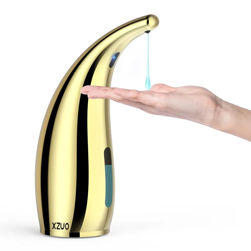 XZUO Automatic Soap Dispenser with Infrared Sensor - Adjustable 4-Level Touchless Hand Soap for Kitchen, Bathroom - Battery Operated Electric Dispenser, Durable Plastic, Smart Soap Holder (Gold)