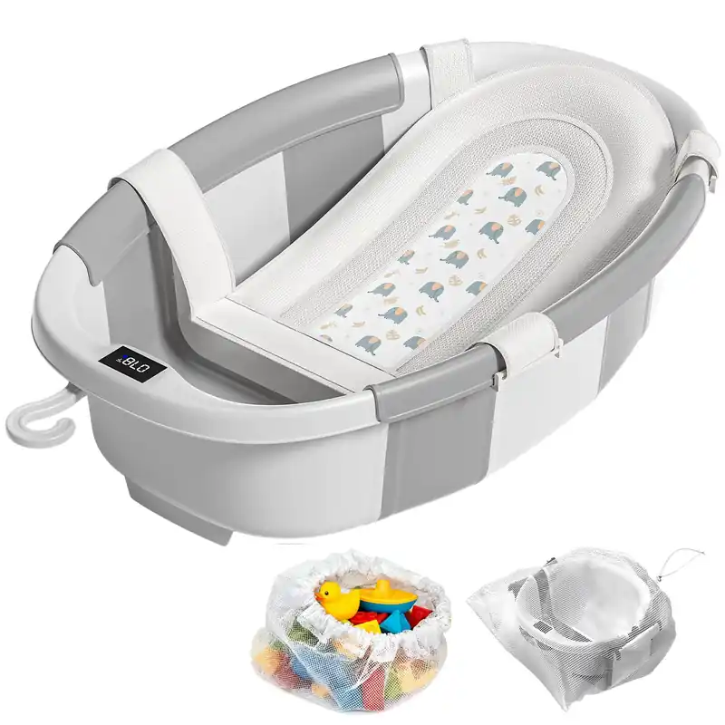Collapsible Baby Bathtub with Soft Cushion and Thermometer, Newborn to Toddler Tub 0-36 Months with Toy Storage Mesh Bag, Portable Travel Bath for Infants (Grey)