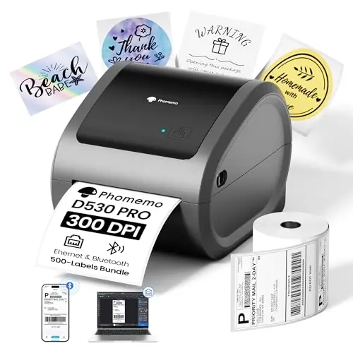 Phomemo 300 DPI 4x6 Thermal Shipping Label Printer with 500 Labels, Ethernet Bluetooth USB, High Resolution Thermal Printer for Small Business, Compatible with iOS Android Windows Mac, for USPS UPS