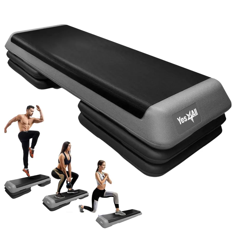 Yes4All Adjustable Workout Aerobic Exercise Step Platform Health Club Size with 4 Adjustable Risers Included and Greater Risers Options - Gray Black