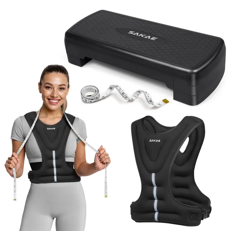 Step Aerobics Platform Set with Weighted Vest & Measuring Tape, Aerobic Steppers for Exercise at Home, Adjustable Height 2 Level Risers Workout Stepper with Non-Slip Surface, Black