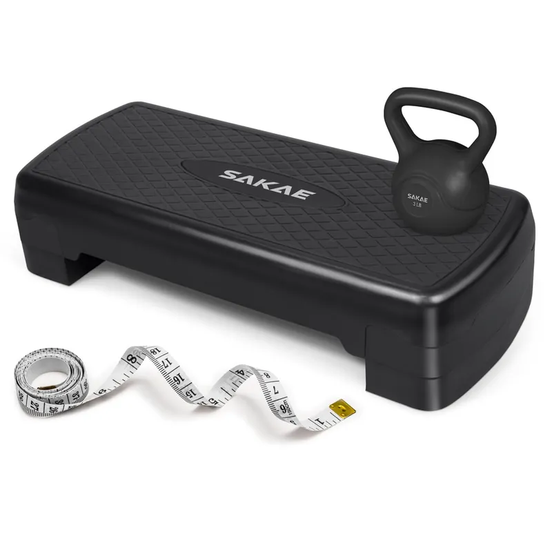 Black Exercise Step Platform Set with Kettlebell & Measuring Tape, Adjustable Height 2 Level Risers Workout Step Trainer, Aerobic Steppers for Home Gym Exercise Fitness Workout