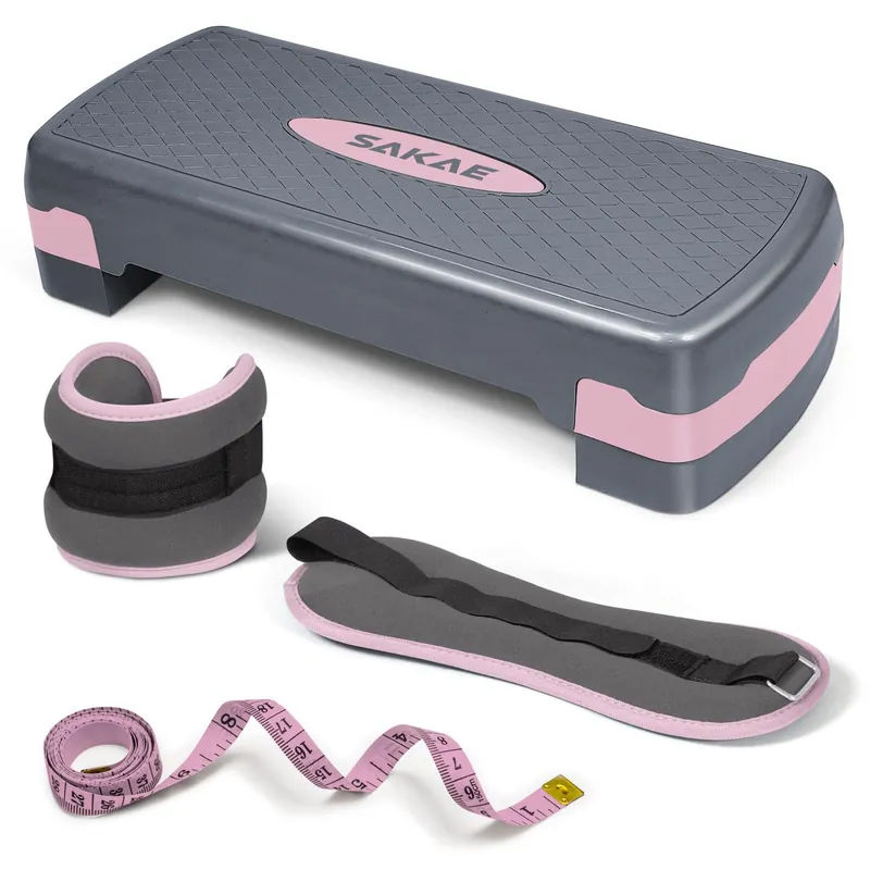 Aerobic Step Platform Set with Ankle Weights & Measuring Tape, Exercise Steppers for Home Gym Exercise Fitness, Adjustable Height 2 Level Risers Workout Step Platform Trainer, Pink Grey