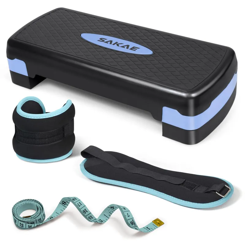 Aerobic Step Platform Set with Ankle Weights & Measuring Tape, Exercise Steppers for Home Gym Exercise Fitness, Adjustable Height 2 Level Risers Workout Step Platform Trainer, Blue Black