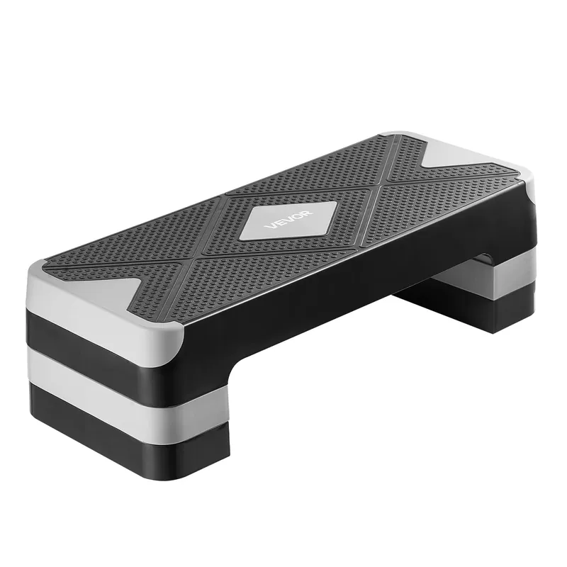 VEVOR Aerobic Exercise Step Platform, 28-Inch Workout Aerobic Stepper, Height Adjustable Fitness Training Step Deck Trainer with 4 Risers, Non-Slip Surface Bench for Home Gym Cardio Strength, Gray