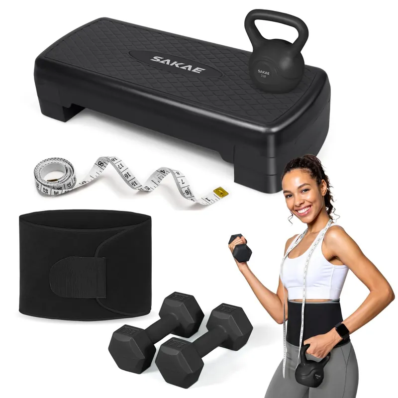 Adjustable Exercise Stepper Kit with Dumbbells & Kettlebell & Weightlifting Belt & Measuring Tape, 2 Level Risers Aerobics Step Platform for Home Gym Exercise Fitness Workout, Black