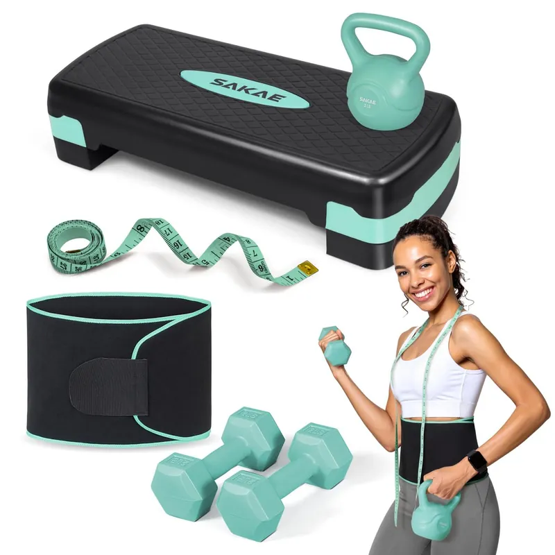 Adjustable Exercise Stepper Kit with Dumbbells & Kettlebell & Weightlifting Belt & Measuring Tape, 2 Level Risers Aerobics Step Platform for Home Gym Exercise Fitness Workout, Green Black