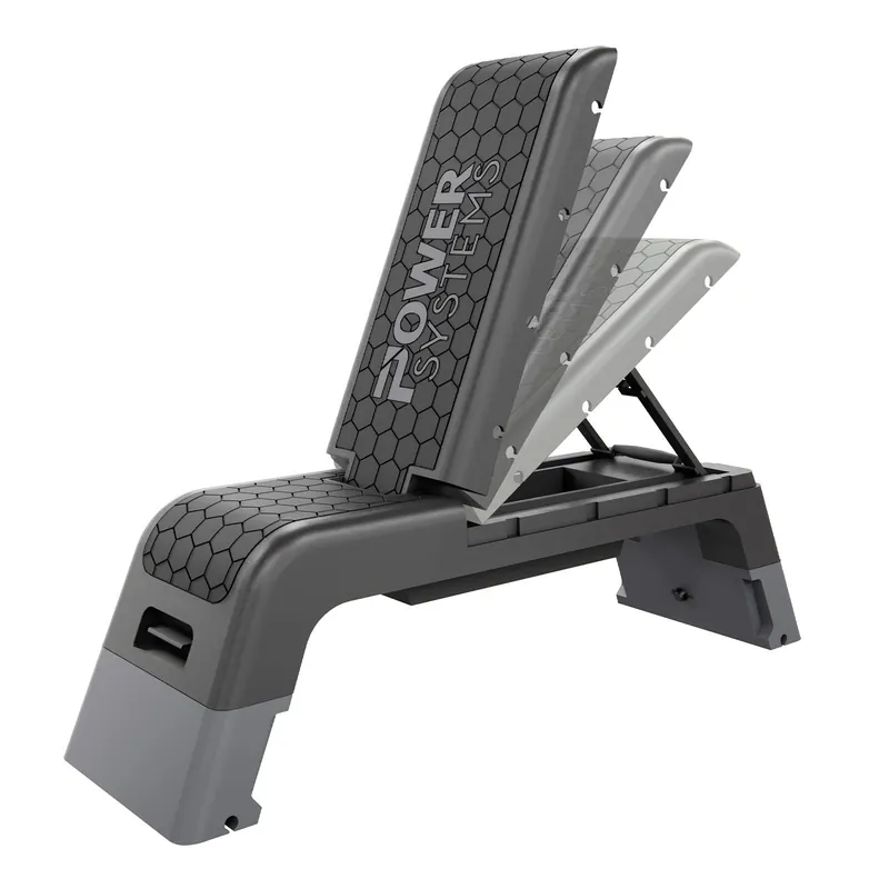 Power Systems Step Bench & Weight Bench Aerobic Platform & Plyo Box for Cardio, Strength Commercial Grade Full Body Home Gym Stepper Adjustable Multifunctional Deck & Resistance Band Clips