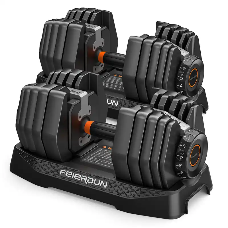 FEIERDUN DB1 QuickDial Adjustable Dumbbell Set, 15-in-1 5-52.5 Lbs Each with Storage Box & App, 1-Second Quick Change for Drop Set, Superset & HIIT Home Gym, Non-Slip Handles, 3-year Aftersale Service