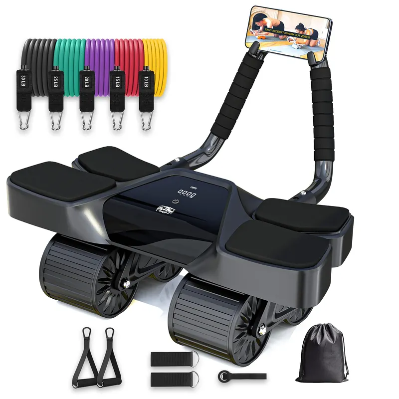 Ab Roller Home Gym Equipment – 4 Wheels Ab Wheel Muscle Roller, 5Pcs Resistance Bands, Ankle Straps, Door Anchor, Handles, Travel Bag– Comfortable Elbow Support with Non-Slip Handles