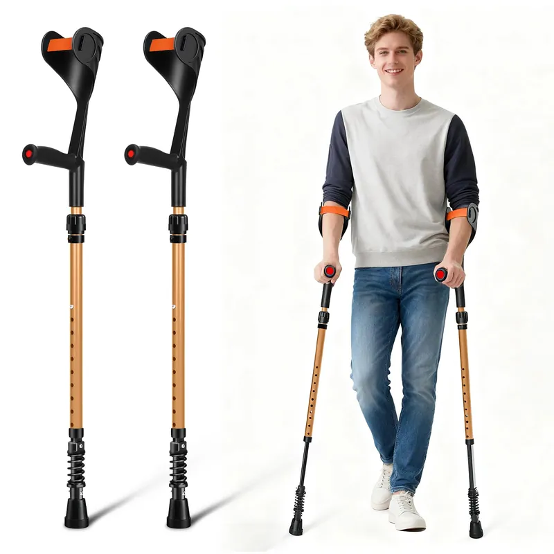 FUSHIDE Forearm Crutches for Adults,Crutches for Men or Women, Lightweight Elbow Crutches, 10-Level Adjustable Height, 3-Part Removable Crutches with Rubber Handles, Gold, 1Pair