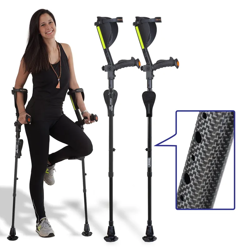 Ergobaum 7G Black Mamba Forearm Crutches for Adults (1 Pair-2 Units) — Ergonomic, Foldable with Shock Absorption, LED Light & Knee Rest Adjustable 5‘–6‘6", Supports 360 lbs Real Carbon Fiber