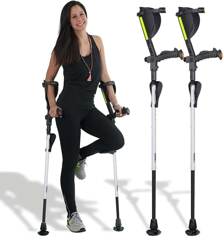 Ergobaum 7G Forearm Crutches for Adults (1 Pair-2 Units) — Ergonomic, Foldable with Shock Absorption, LED Light & Knee Rest Adjustable 5‘–6‘6", Supports 360 lbs Medical Aluminum (White Panda)