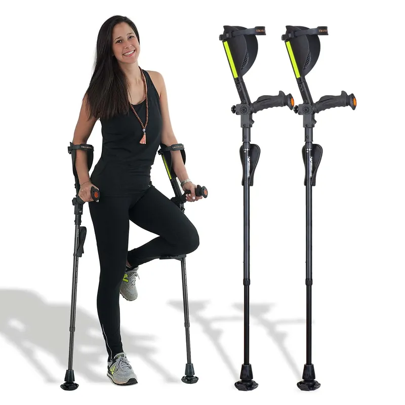 Ergobaum 7G Forearm Crutches for Adults (1 Pair-2 Units) — Ergonomic, Foldable with Shock Absorption, LED Light & Knee Rest Adjustable 5‘–6‘6", Supports 360 lbs Medical Aluminum (Black)