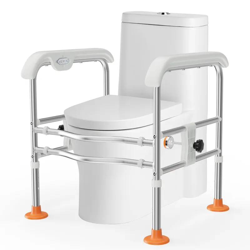 Heavy Duty Toilet Safety Rails for Seniors (665lbs), Adjustable LED Toilet Safety Frame with Handles for Elderly, Foldable Handicap Toilet Aid Support for Most Toilets, Stand Up Assist