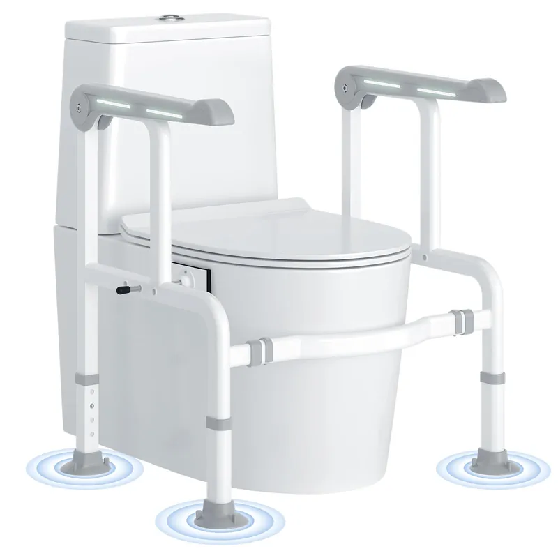 Toilet Safety Rails for Elderly & Disabled with Glow-in-the-Dark Handles, 450 lbs Heavy-Duty Frame, Flip-Up Arms, Dual Lock (Suction & Clamp), Adjustable No-Wobble Support, Grey