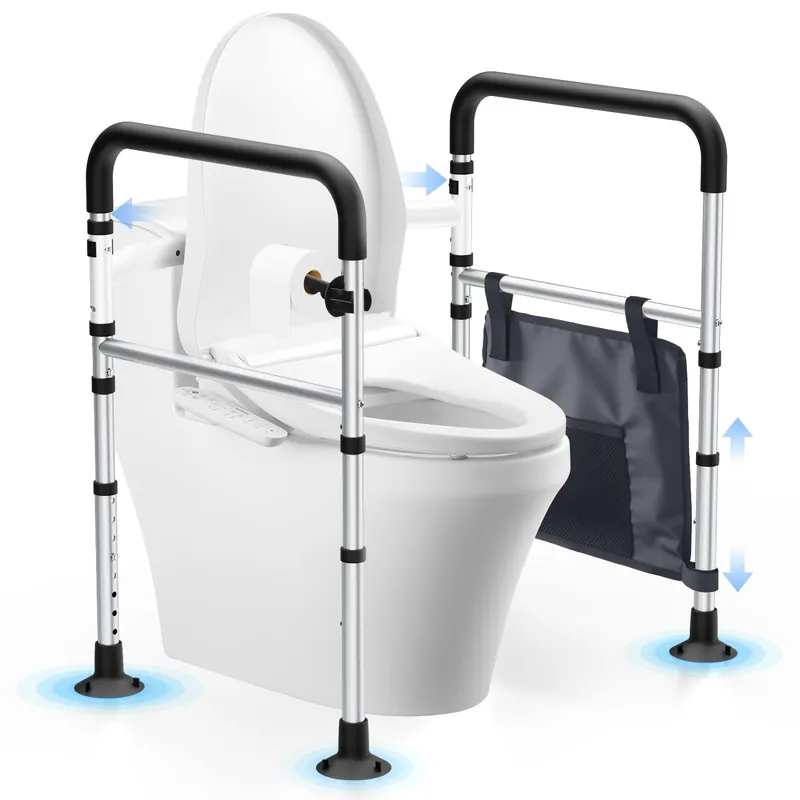WHLICKS Toilet Safety Rails, Height & Width Adjustable Detachable Toilet Safety Frame for Seniors, Elderly & Disabled, Foldable Handicap Toilet Rails with Handles Storage Bag, Tissue Holder (350LB)