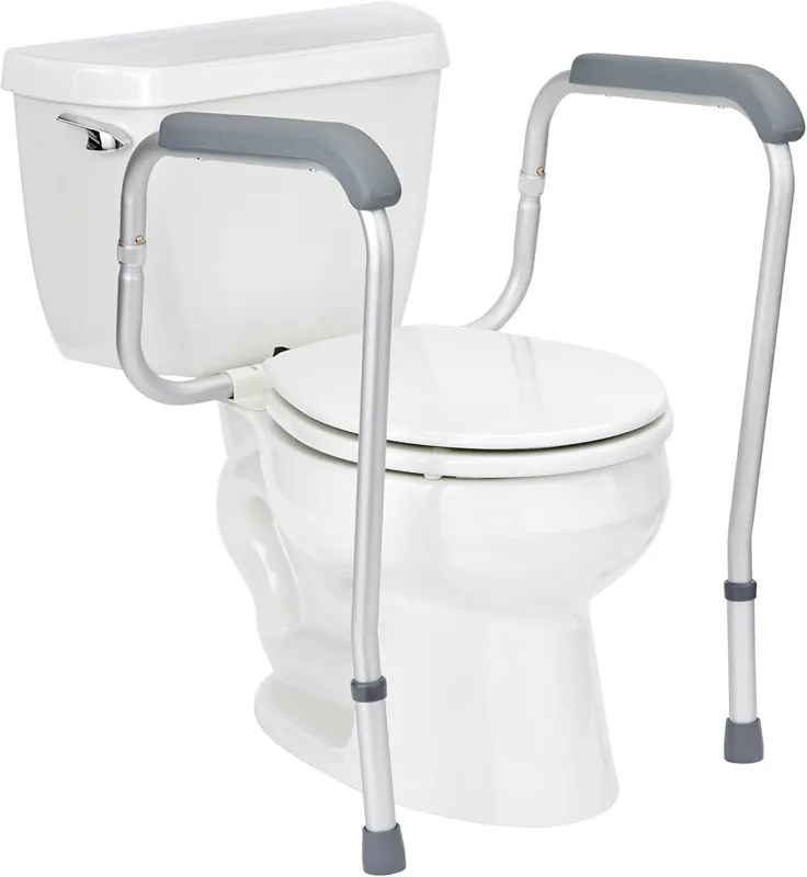 Foldable Toilet Safety Rail with Adjustable Height – Universal Fit for Standard or Elevated Seats – Aluminum Frame, Width Adjustable Armrests, Easy Install Over Toilet – Retail Box