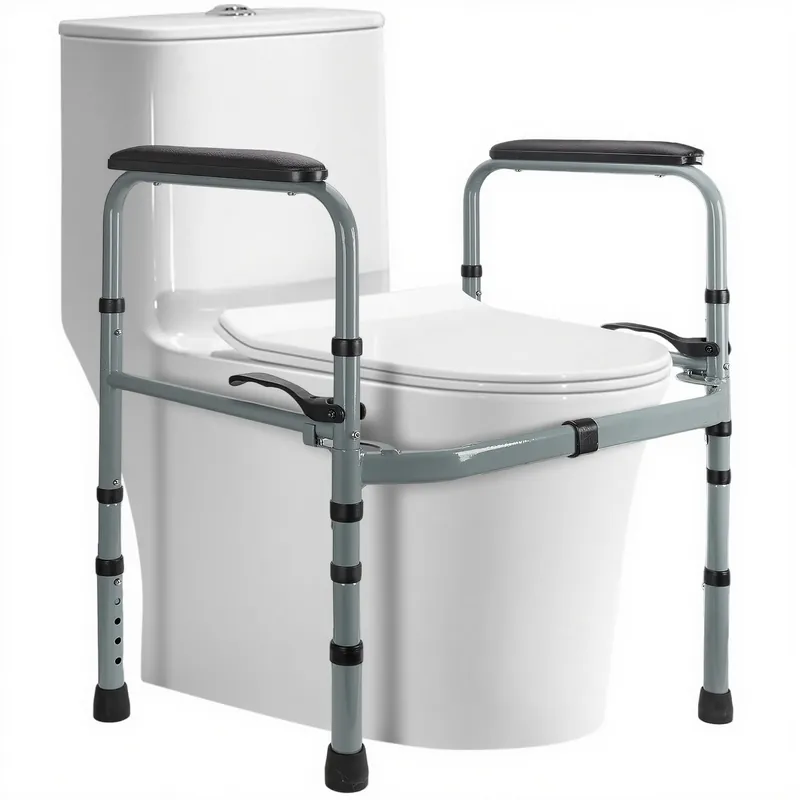 Toilet Safety Rail for Seniors – Adjustable & Foldable Toilet Safety Frame with Padded Handles, Stand Alone Bathroom Safety Rail & Toilet Support for Elderly, Fits Most Toilets, 350 lb Capacity
