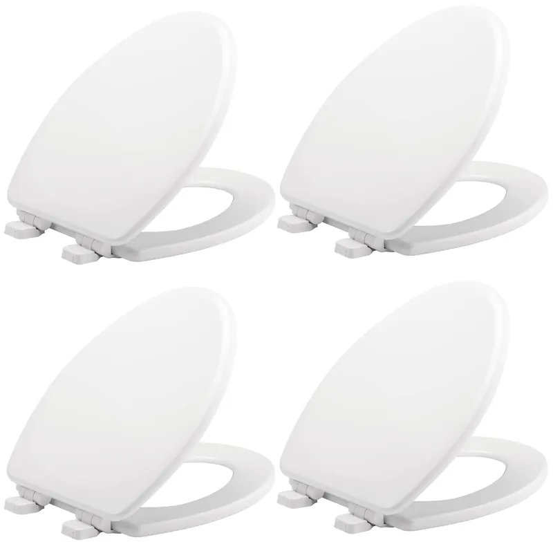Mayfair Linden Slow Close Toilet Seat, Non Slip Heavy Duty Wood, Easy Install, Made in USA, Elongated, White, 4 Pack