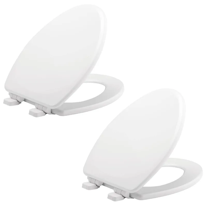 Mayfair Linden Slow Close Toilet Seat, Non Slip Heavy Duty Wood, Easy Install, Made in USA, Elongated, White, 2 Pack