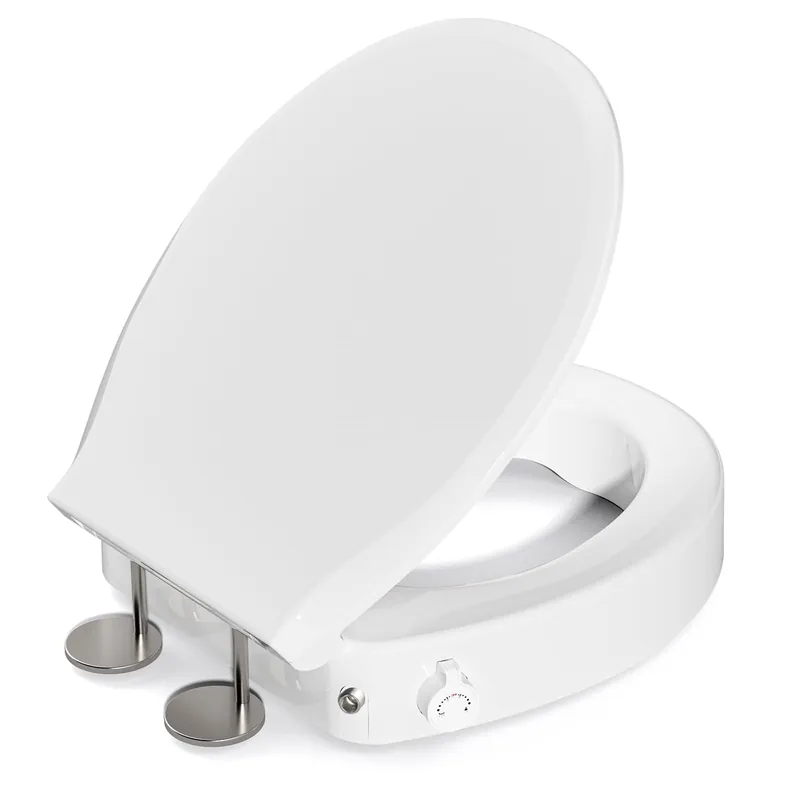 BIGCOW Raised Toilet Seat with Bidet - Round, Soft Close, 3" Height - Dual Nozzle (Frontal & Rear Wash) with Adjustable Cold Water Pressure and Stainless Steel Inlet (Round)
