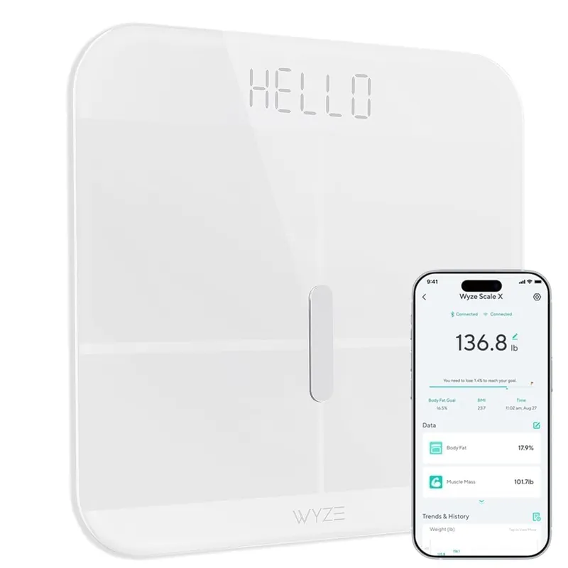 Wyze Smart Scale X - Digital Bathroom Scale for Body Weight, BMI, Body Fat, Muscle Mass, Heart Rate Monitor ITO Glass & LED Backlight Batteries Included, 400 lbs (White)