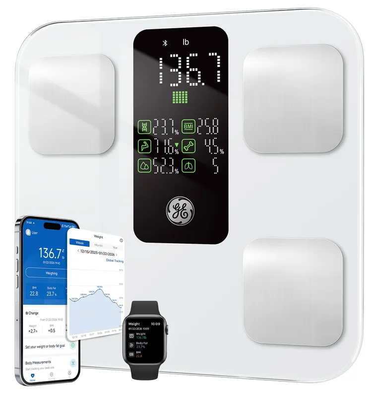 GE Scale for Body Weight Body Fat, BMI, Muscle Mass, Smart Bathroom Scales with 14 Body Composition Metrics with Large Display, Accurate Bluetooth Weighing Machine with Fitness App, 400 lbs, White